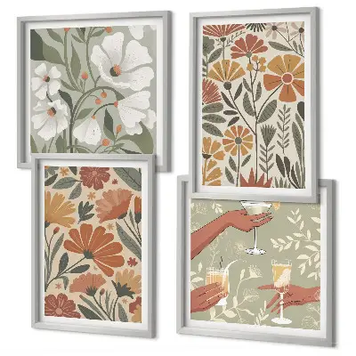 Composição de quadros com estampas florais em tons de laranja e verde
