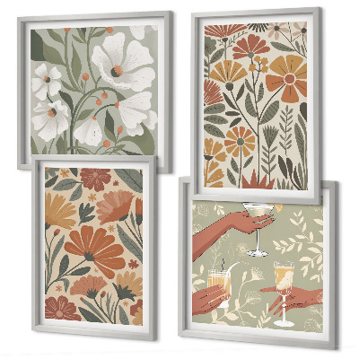 Composição de quadros Estampas florais em tons de laranja e verde.