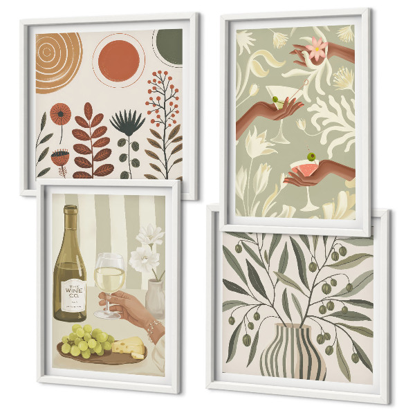 Conjunto de 4 quadros com moldura coquetéis rústicos com flores de oliveira
