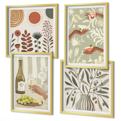 Conjunto de 4 quadros com moldura coquetéis rústicos com flores de oliveira