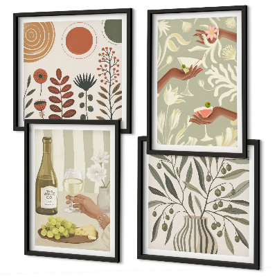 Conjunto de 4 quadros com moldura coquetéis rústicos com flores de oliveira