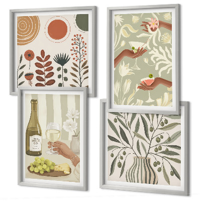 Conjunto de 4 quadros com moldura coquetéis rústicos com flores de oliveira