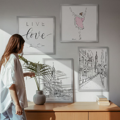 Conjunto de 4 quadros com moldura Gráficos elegantes de bailarina arquitetura