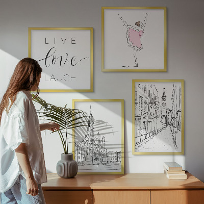 Conjunto de 4 quadros com moldura Gráficos elegantes de bailarina arquitetura