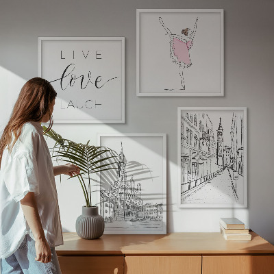 Conjunto de 4 quadros com moldura Gráficos elegantes de bailarina arquitetura