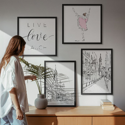 Conjunto de 4 quadros com moldura Gráficos elegantes de bailarina arquitetura