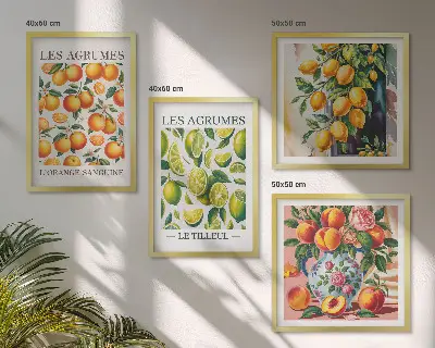 Políptico com moldura de frutas cítricas frescas e coloridas