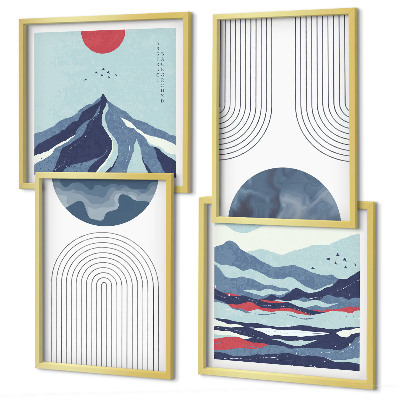 Conjunto de 4 quadros com moldura Paisagens montanhosas abstratas
