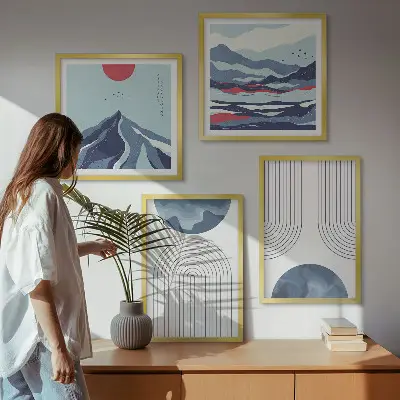 Conjunto de 4 quadros com moldura de paisagens montanhosas abstratas