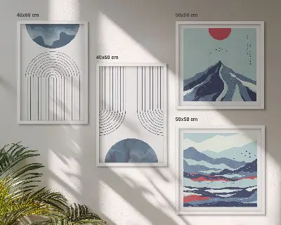Conjunto de 4 quadros com moldura de paisagens montanhosas abstratas