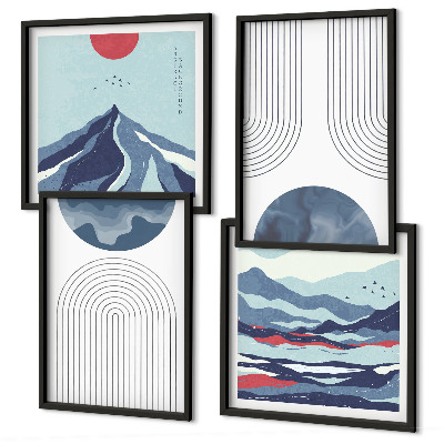 Conjunto de 4 quadros com moldura Paisagens montanhosas abstratas