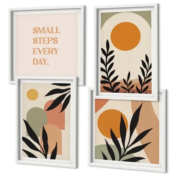 Conjunto de 4 quadros com moldura com motivos vegetais abstratos