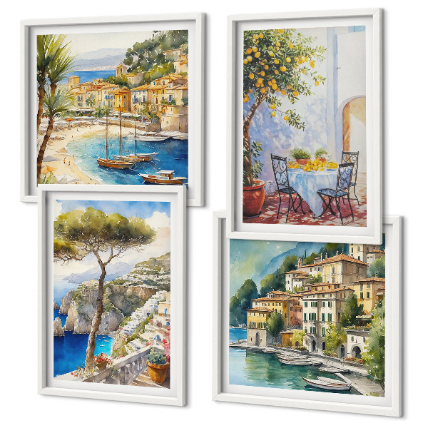 Conjunto de 4 quadros com moldura Cidades italianas em aquarela