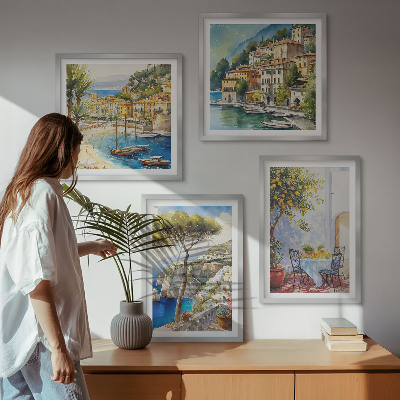 Conjunto de 4 quadros com moldura Cidades italianas em aquarela