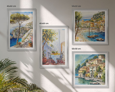 Conjunto de 4 quadros com moldura Cidades italianas em aquarela