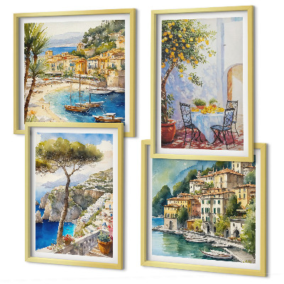 Conjunto de 4 quadros com moldura Cidades italianas em aquarela