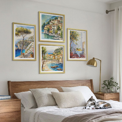 Conjunto de 4 quadros com moldura Cidades italianas em aquarela
