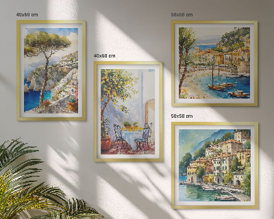 Conjunto de 4 quadros com moldura Cidades italianas em aquarela