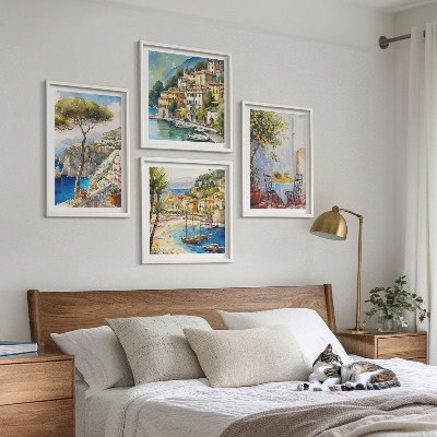 Conjunto de 4 quadros com moldura Cidades italianas em aquarela