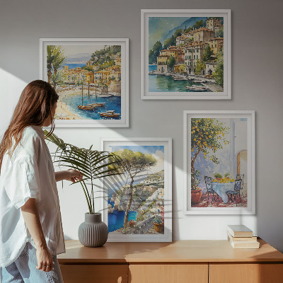 Conjunto de 4 quadros com moldura Cidades italianas em aquarela