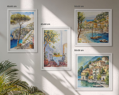 Conjunto de 4 quadros com moldura Cidades italianas em aquarela