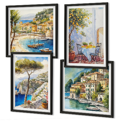 Conjunto de 4 quadros com moldura Cidades italianas em aquarela