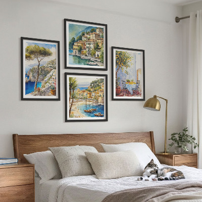 Conjunto de 4 quadros com moldura Cidades italianas em aquarela