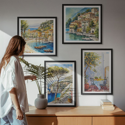 Conjunto de 4 quadros com moldura Cidades italianas em aquarela
