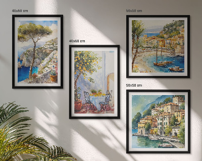 Conjunto de 4 quadros com moldura Cidades italianas em aquarela
