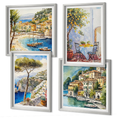Conjunto de 4 quadros com moldura Cidades italianas em aquarela