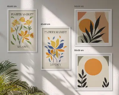 Composição de quadros com cartazes florais de Paris e Milão