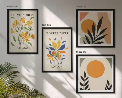 Composição de quadros com cartazes florais de Paris e Milão