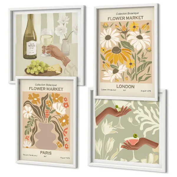 Conjunto de 4 quadros com moldura com padrões florais de cidades europeias