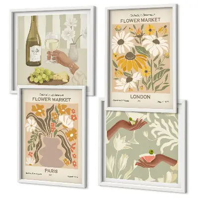 Conjunto de 4 quadros com moldura com padrões florais de cidades europeias