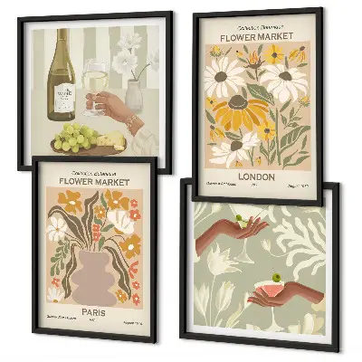 Conjunto de 4 quadros com moldura com padrões florais de cidades europeias