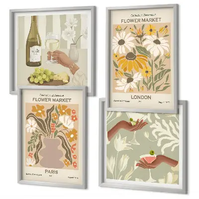 Conjunto de 4 quadros com moldura com padrões florais de cidades europeias