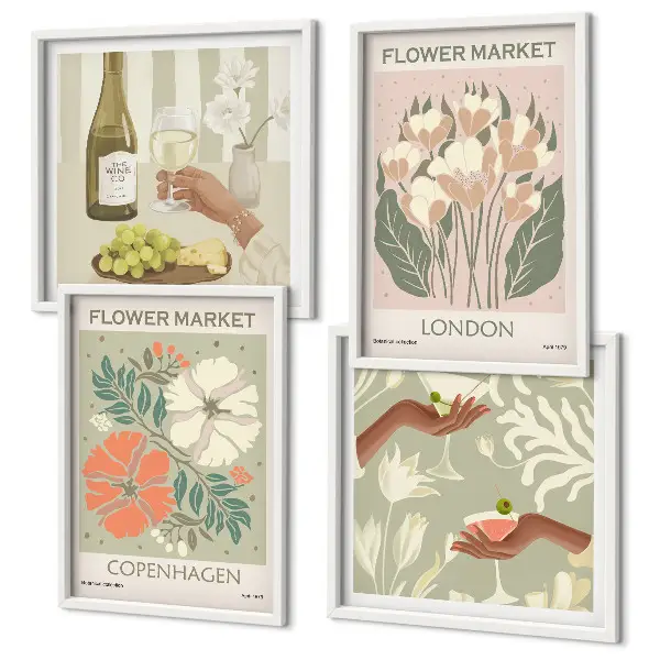 Composição de quadros com cartazes florais da cidade do vinho