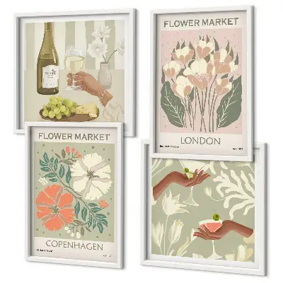 Composição de quadros com cartazes florais da cidade do vinho