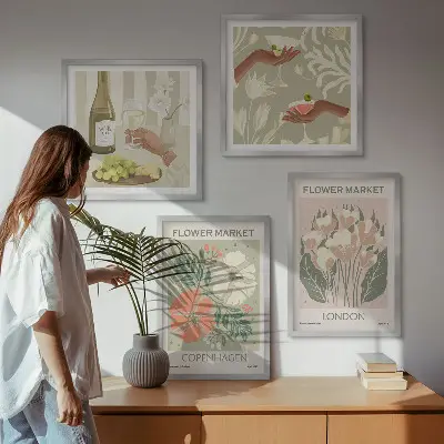 Composição de quadros com cartazes florais da cidade do vinho
