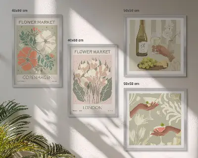 Composição de quadros com cartazes florais da cidade do vinho