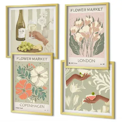 Composição de quadros com cartazes florais da cidade do vinho