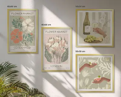 Composição de quadros com cartazes florais da cidade do vinho