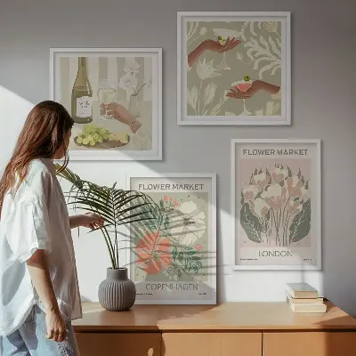 Composição de quadros com cartazes florais da cidade do vinho