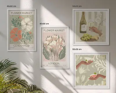 Composição de quadros com cartazes florais da cidade do vinho