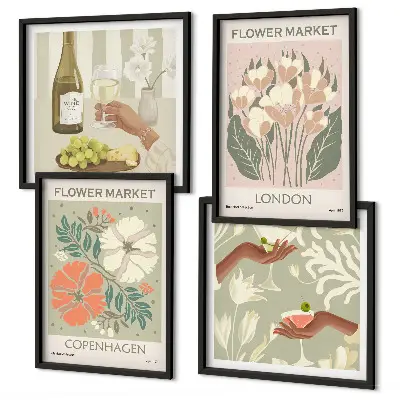 Composição de quadros com cartazes florais da cidade do vinho
