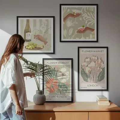 Composição de quadros com cartazes florais da cidade do vinho