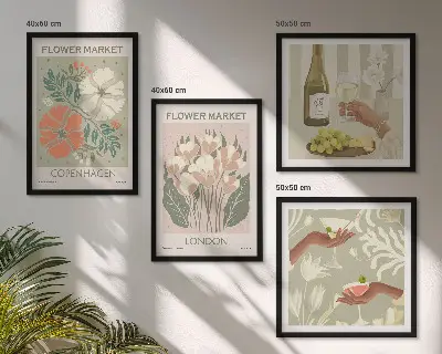 Composição de quadros com cartazes florais da cidade do vinho