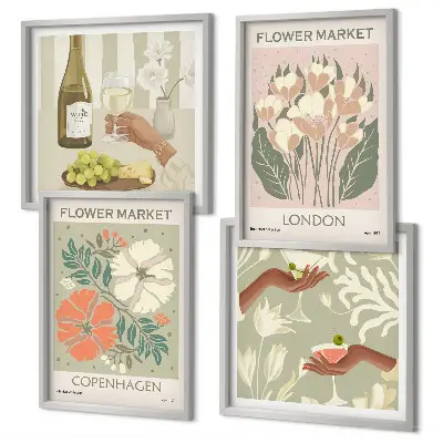 Composição de quadros com cartazes florais da cidade do vinho