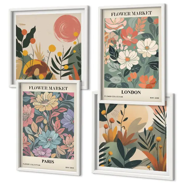 Conjunto de 4 quadros com moldura com estampas florais de Paris e Londres