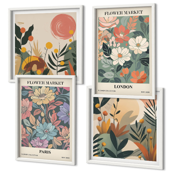 Conjunto de 4 quadros com moldura Pôsteres florais Paris Londres